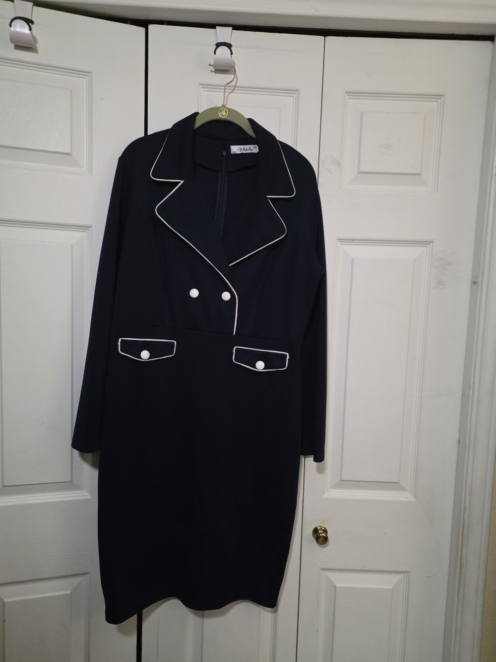 Navy Button-Front Dress with White Piping
